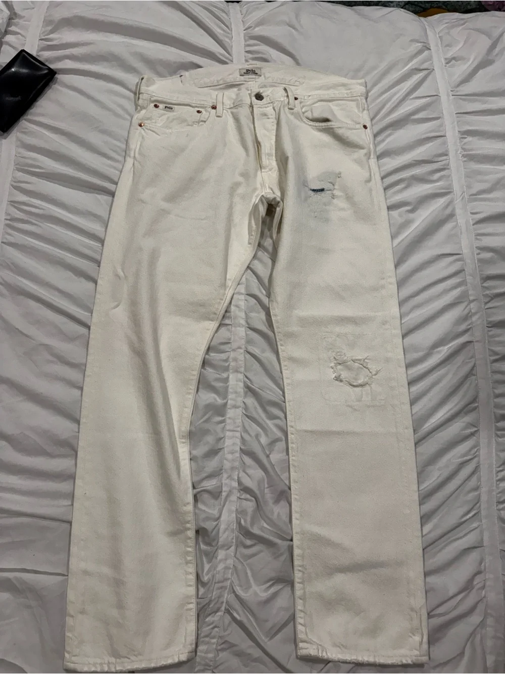 Ralph Lauren Men's White Straight Jeans with Distressed Detail